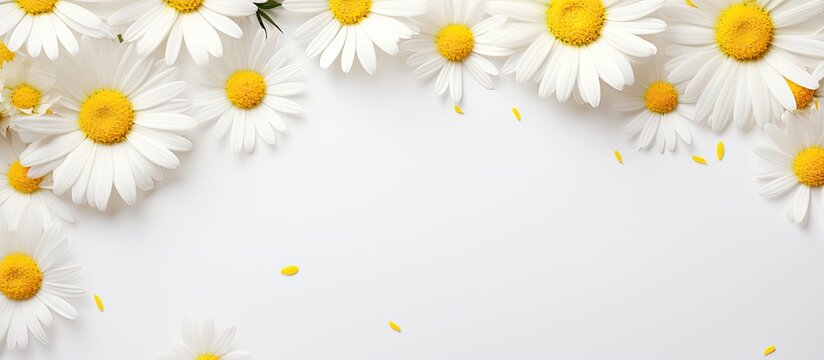 Spring or summer-themed image with room for text. The background consists of daisies, a white flower with a yellow center, arranged in a flat lay format, captured from a top-down perspective. empty