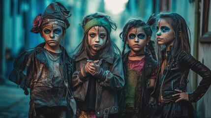 Little girls whith spooky Halloween makeup. Creepy and scary autumn holiday costumes on children for Halloween celebration. Generative AI.