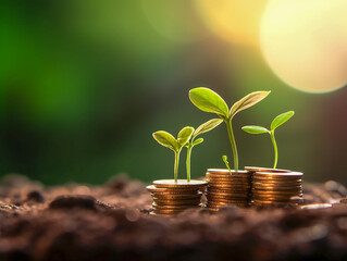 Green plant sprouts on stacks of coins lying on the ground soil, a concept of start-up