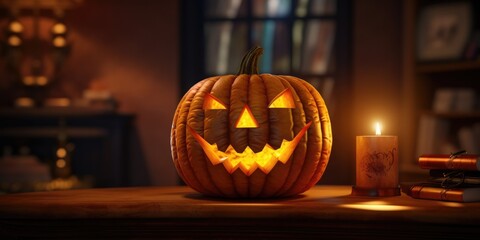 Halloween background. Halloween pumpkin head jack lantern with burning candles, generative ai