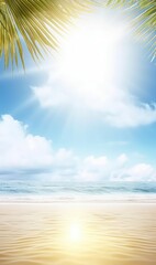 Fototapeta na wymiar Summer background with frame, nature of tropical golden beach with rays of sun light and leaf palm. Golden sand beach close-up, sea water, blue sky, white clouds. , summer vacation, Generative AI 