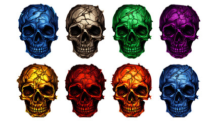 Realistic colorful skull on set transparent background. Skull png bundle