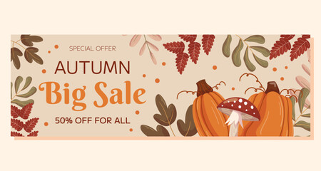 Autumn Big Sale horizontal banner template design with copy space. Frame with different leaves branches, pumpkins and mushroom fly agaric. Marketing banner with a special offer.