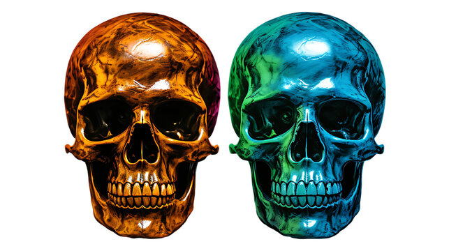 Realistic colorful two skulls on set transparent background. Skull png