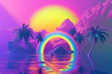 Fototapeta na wymiar Palm trees and rainbow 80s landscape in vaporwave style. Retrowave vacation background with tropical sunset and palms.