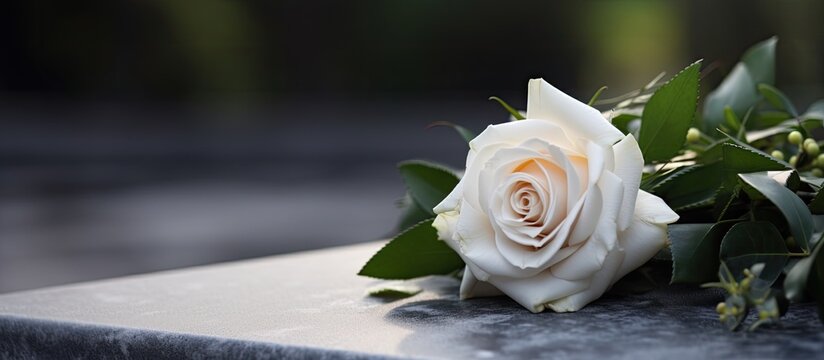 A funeral ceremony outdoors with a white rose on a grey granite tombstone, providing space for text.