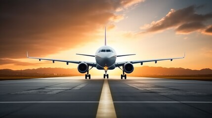 Plane on runway before takeoff at sunset.