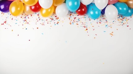 Balloons and confetti on a white background, Top view.