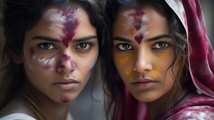 Portrait of Beautiful Indian women with powder colours or gulal on her face, Festival of colours Holi.