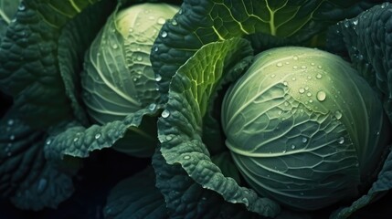 Obraz premium Beautiful cabbage head with dew droplets on the green fresh leaves in an organic farm.