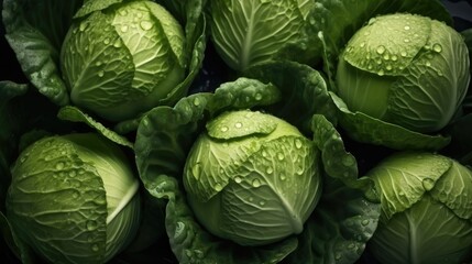 Fototapeta na wymiar Beautiful cabbage head with dew droplets on the green fresh leaves in an organic farm.