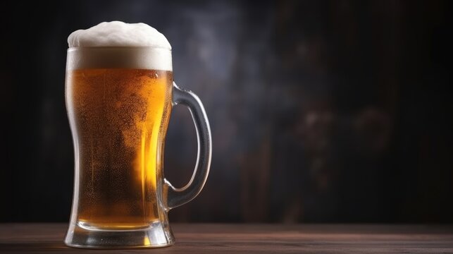 Cold mug with beer with overflowing foam on wooden table.