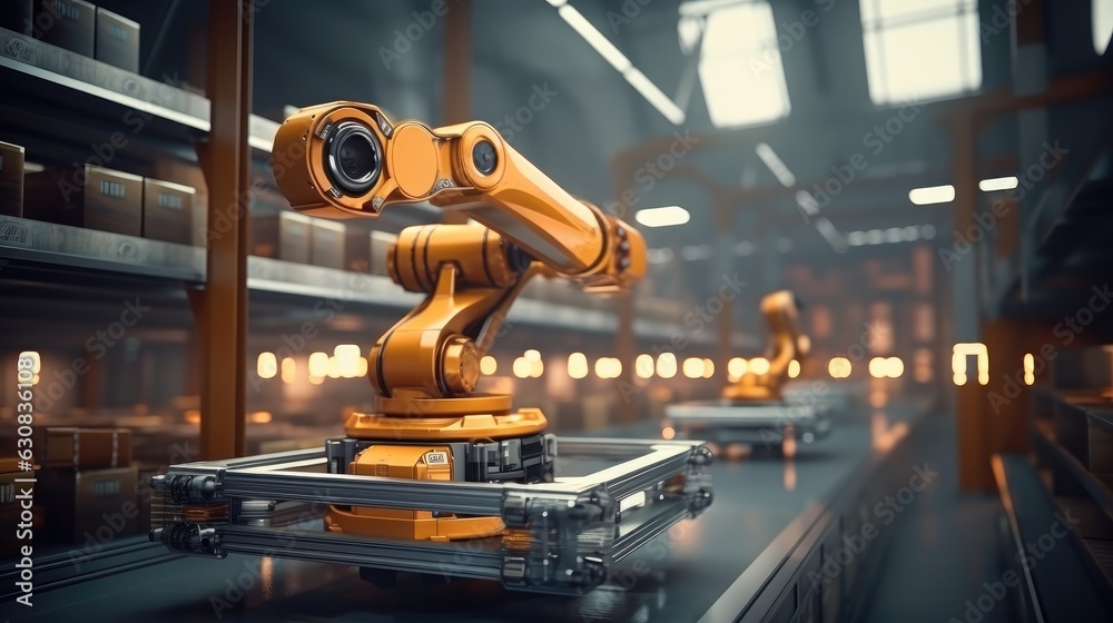 Fototapete Automation manufacturing robot at modern warehouse using IOT software connected to internet network.