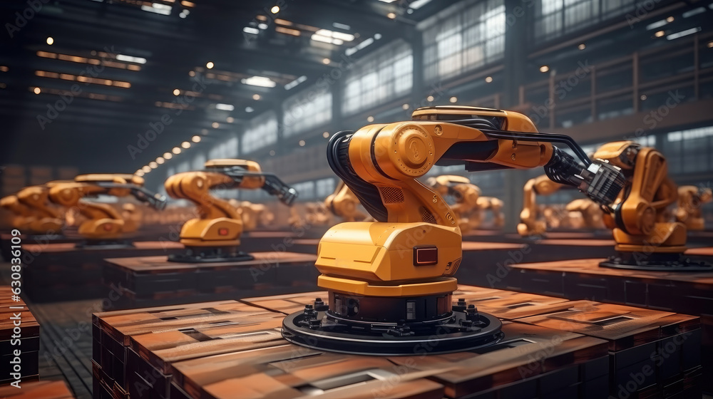 Leinwandbilder Automation manufacturing robot at modern warehouse using IOT software connected to internet network.