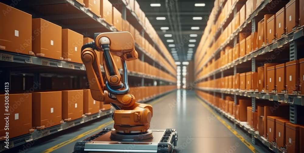 Fototapete Automation manufacturing robot at modern warehouse using IOT software connected to internet network.