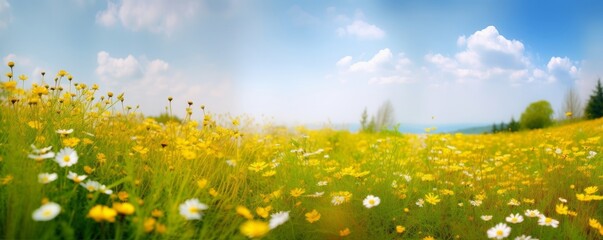 Beautiful spring landscape with meadow yellow flowers and daisies against the blue sky. Natural summer panorama, Generative AI