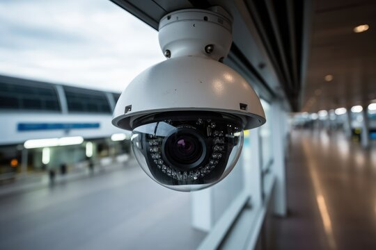 CCTV security camera on ceiling in airport. Security system concept.