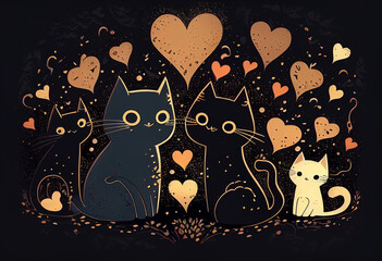 Cats with hearts in the style of animation. AI Generated
