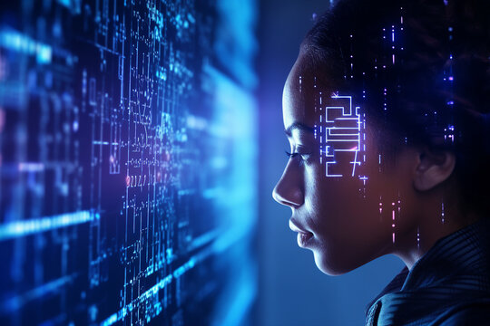 Generative ai collage photo of business lady using modern technology personal information storage in head