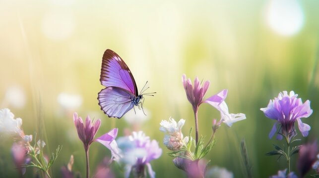 Purple butterfly on wild white violet flowers in grass in rays of sunlight, macro. Spring summer fresh artistic image of beauty morning nature. Selective soft, Generative AI