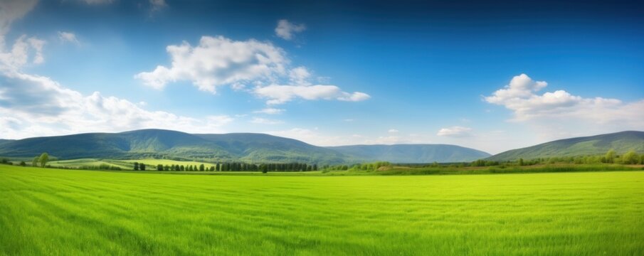 Panoramic natural landscape with green grass field, blue sky with clouds and and mountains in background. Panorama summer spring meadow. Shallow depth, Generative AI