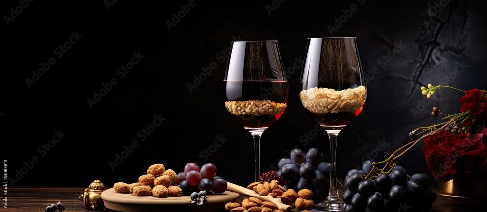 Poster glasses of wine with grapes and corks on a dark background, with room for text.