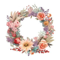 Obraz na płótnie Canvas Colorful Flower Wreath, Isolated PNG, Invitation Card Graphic, Watercolor Hand Painted Illustration, Transparent Background, Generative AI
