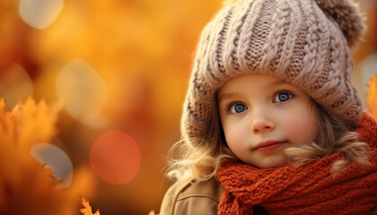 Cute youthful kid playing outdoors in the autumn season. Generative AI illustrations