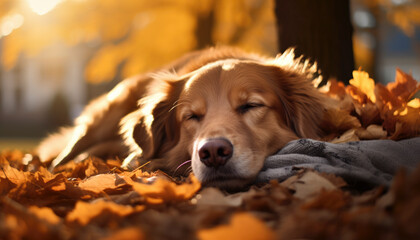 Dog relaxing among autumn maple in the yard in beautiful sunshine. Generative AI illustrations