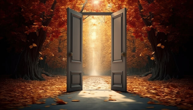 Doorway to a beautiful autumn season with colorful maples leaves. Generative AI illustrations
