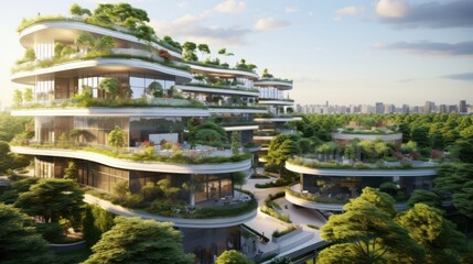 Fototapeta premium Condominium complex surrounded by lush green plants, promoting a harmonious environment.