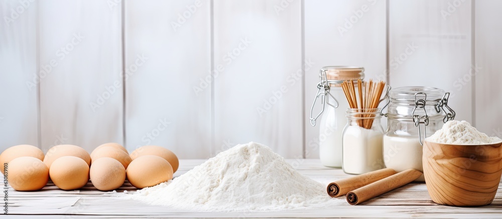 Poster baking supplies such as flour, eggs, and sugar are displayed on a light white wooden surface along w