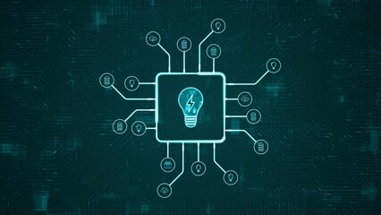 Motion graphic of Blue digital lamp logo and futuristic HUD technology circuit board with tech icon and data transfer on abstract background with lightbulb and ideas concept - Powered by Adobe
