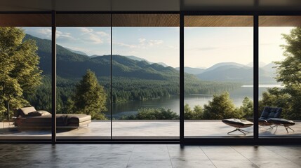 Close-up of a sleek glass window framing a scenic landscape.