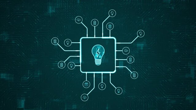 Motion graphic of Blue digital lamp logo and futuristic HUD technology circuit board with tech icon and data transfer on abstract background with lightbulb and ideas concept