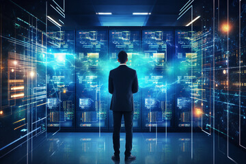 Generative ai collage photo of business person working on network protection in metaverse reality