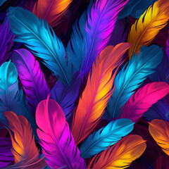 Obraz premium Neon rainbow feathers concept, generative ai.