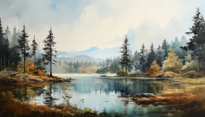 Wall murals Forest in fog lake in the forest. coniferous trees along the edges of the lake. blue sky. watercolor style. 