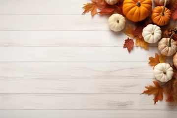  Autumn simple background with a pumpkins and fall leaves. AI generated © tiena