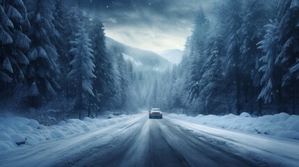 Car driving down a snow-covered road - obrazy, fototapety, plakaty