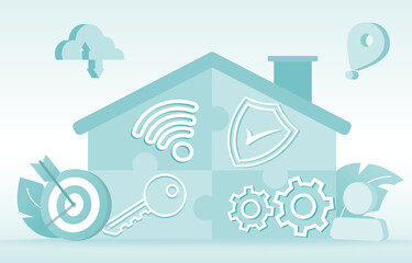 Building jigsaw puzzle house, constructing home. Protection, security, creative. Flat vector design illustration.