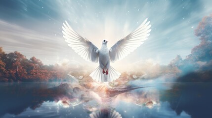 Beautiful white bird gracefully soaring above a serene body of water