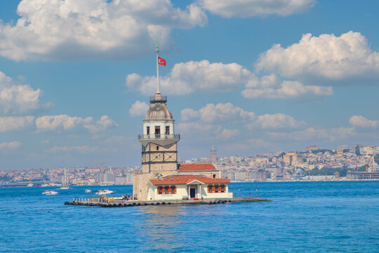 Maiden Tower (Kiz Kulesi) and seagulls , Istanbul - Turkey