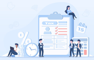 Tax payment, filling form and submit process to government for tax purpose. Accountant calculate revenue, fill out tax forms, manage taxes. Flat vector design illustration.