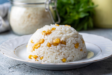Corn rice in a rice bowl (Turkish name; misirli pilav)