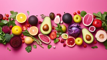 Fototapeta na wymiar Colorful assortment of fruits and vegetables on a vibrant pink background