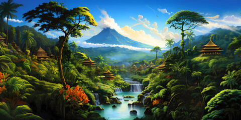Illustration of beautiful view of Gunung Lebah, Indonesia - obrazy, fototapety, plakaty