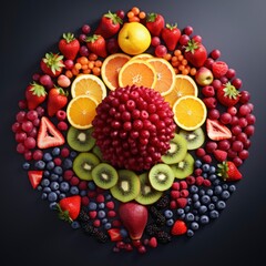Naklejka na ściany i meble Photo top view of colorful fresh fruits rainbow