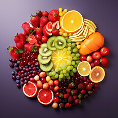 Photo top view of colorful fresh fruits rainbow