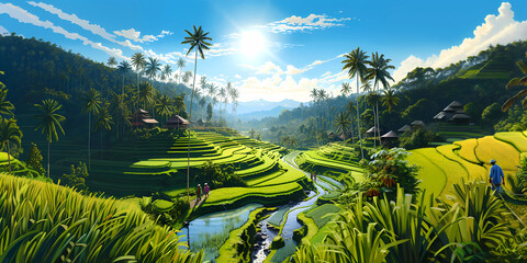 Illustration of the beautiful view of traditional rice terraces